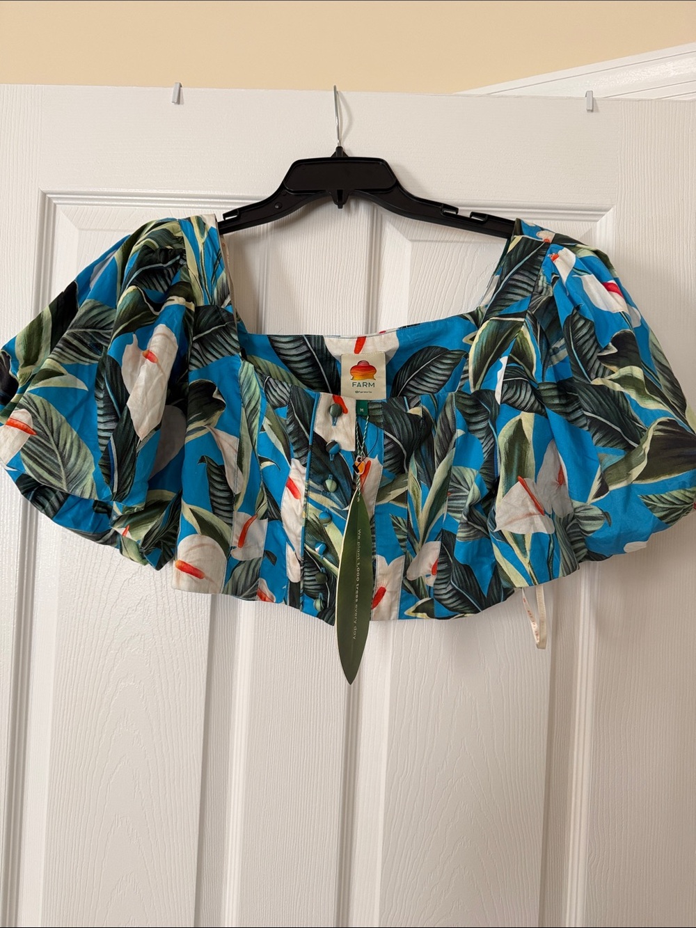 FARM Rio Blue Tropical Ruffle Off-Shoulder Crop Top